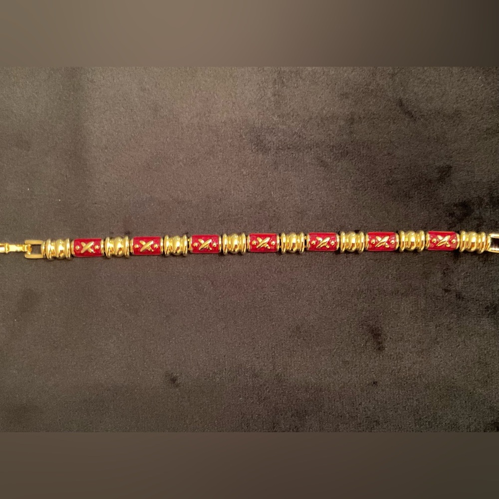 #49 Signed Joan Rivers Goldtone & Red Enamel Panel Link Bracelet